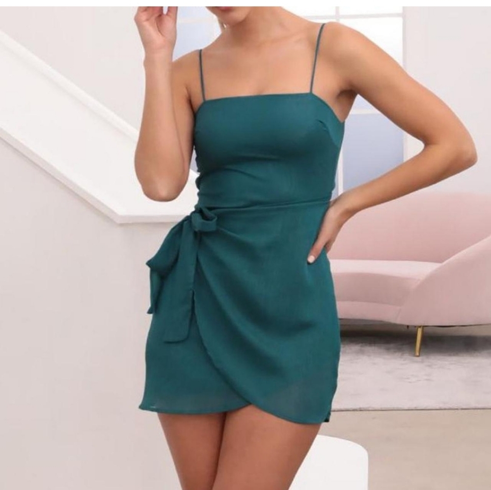 LUCY IN THE SKY Shimmer Dress Dark Green Mini Wrap Small Emerald Square Neck